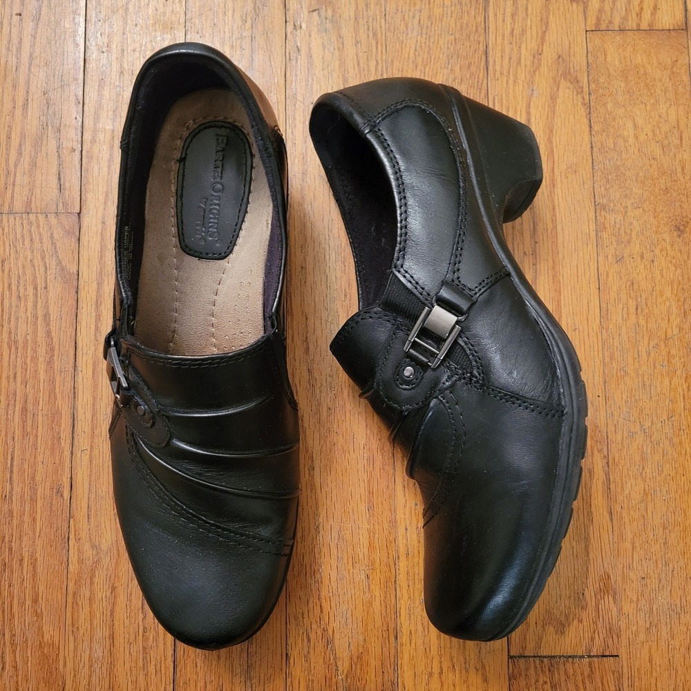 Earth Origins 10M Black Leather Block Heel Buckle ROXANNE‎ Clogs Comfort Neutral